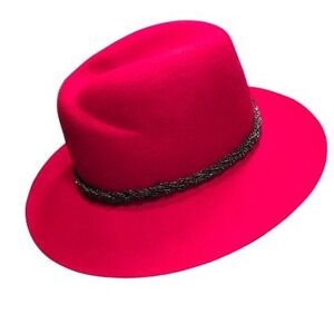 C.C Exclusives Red 100% Wool Fedora Hat Wide Brim Braided Band Teardrop Crown
